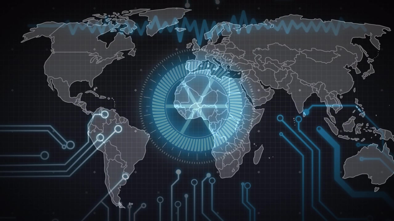 Animation of scope scanning over data processing and world map