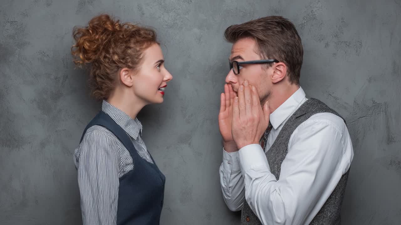 Un intercambio cautivador: dos personas entablan una conversación curiosa con un fondo gris texturizado, revelando momentos de sorpresa e intriga.