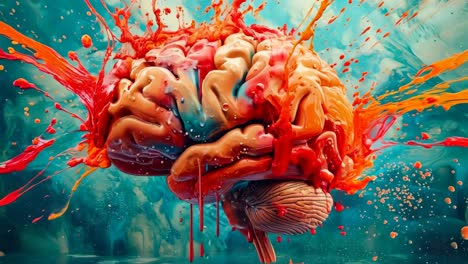 a painting of a human brain with red and orange paint splatters