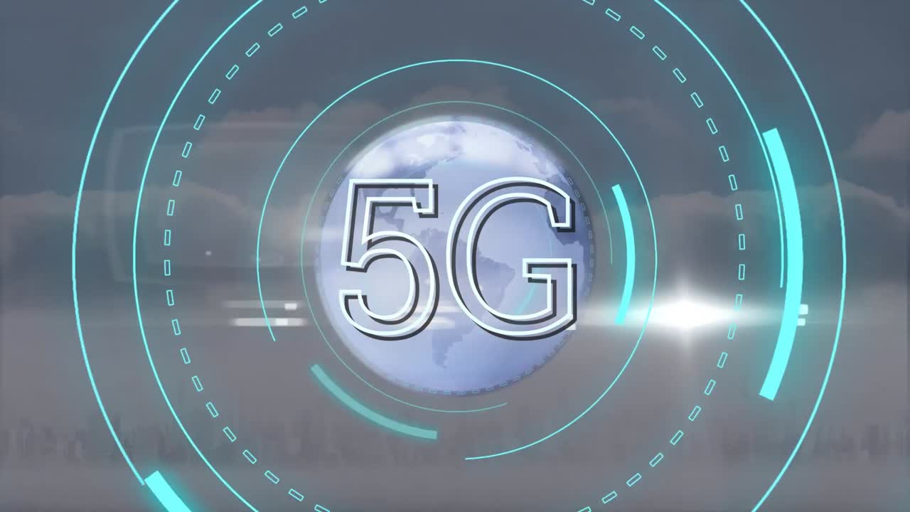 animazione di 5g sul globo e cielo nuvoloso