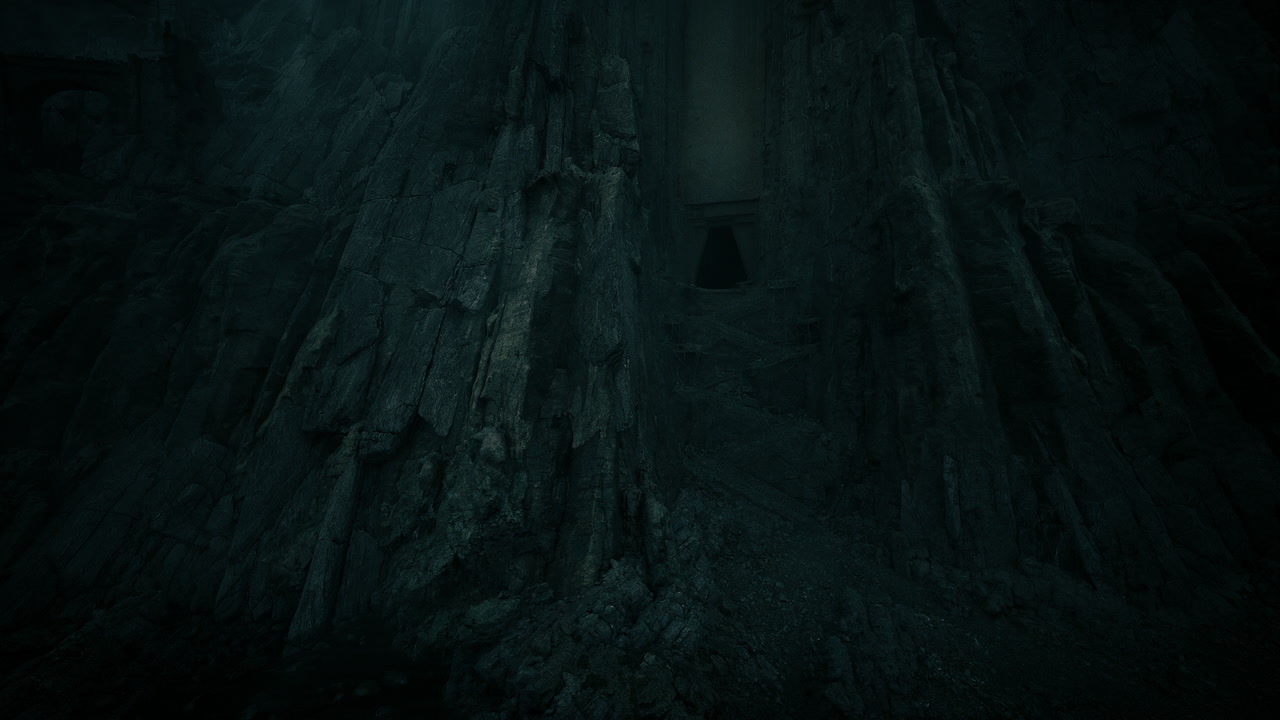 Moonlit ravine featuring ancient carved door and mosscovered steps