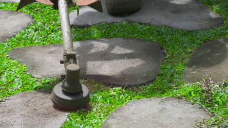 gardner trimming the excess grass between the cement interlocks blocks using a brushcutter