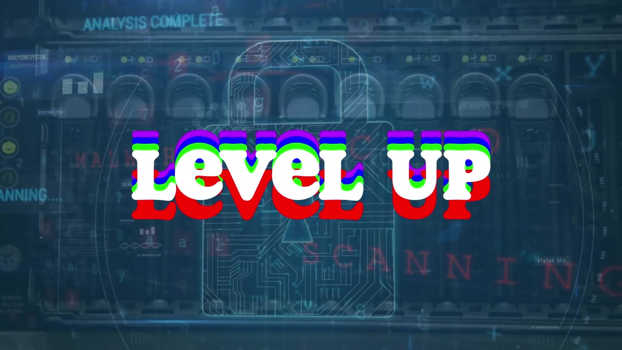 Animazione del testo 'Level Up' su un lucchetto e una sala server