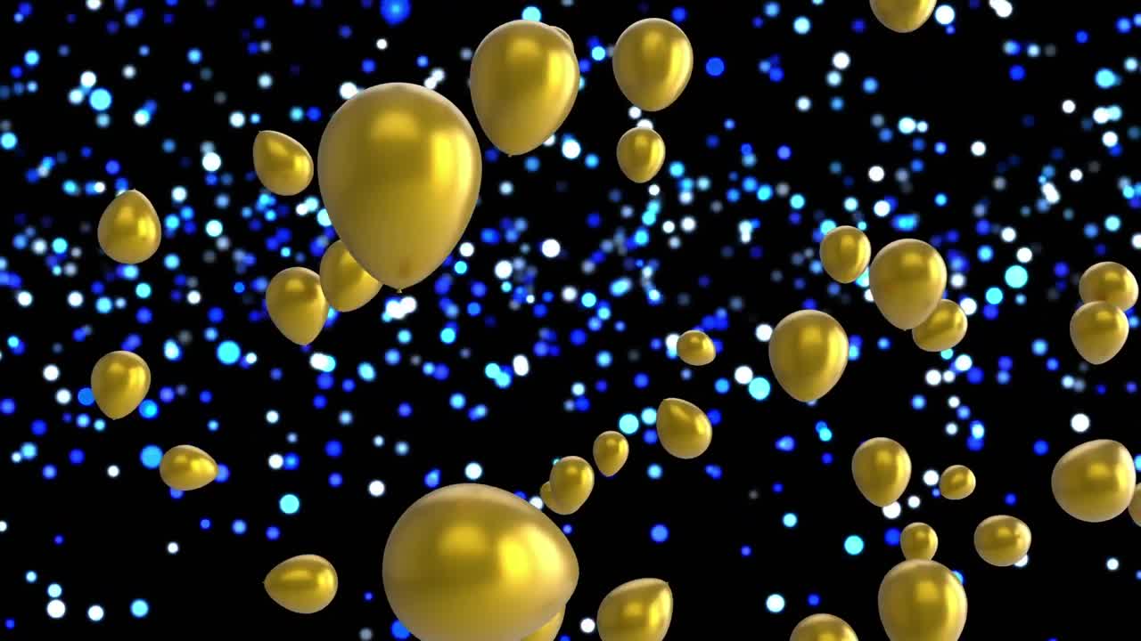animación de globos dorados sobre manchas coloridas sobre fondo negro