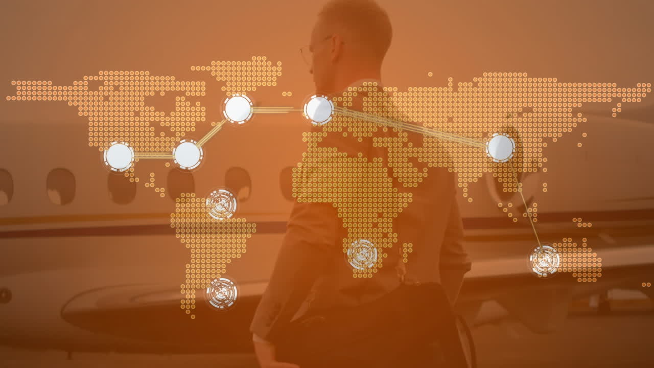 세계 지도, 비행기 및 사업가에 대한 연결 네트워크의 애니메이션