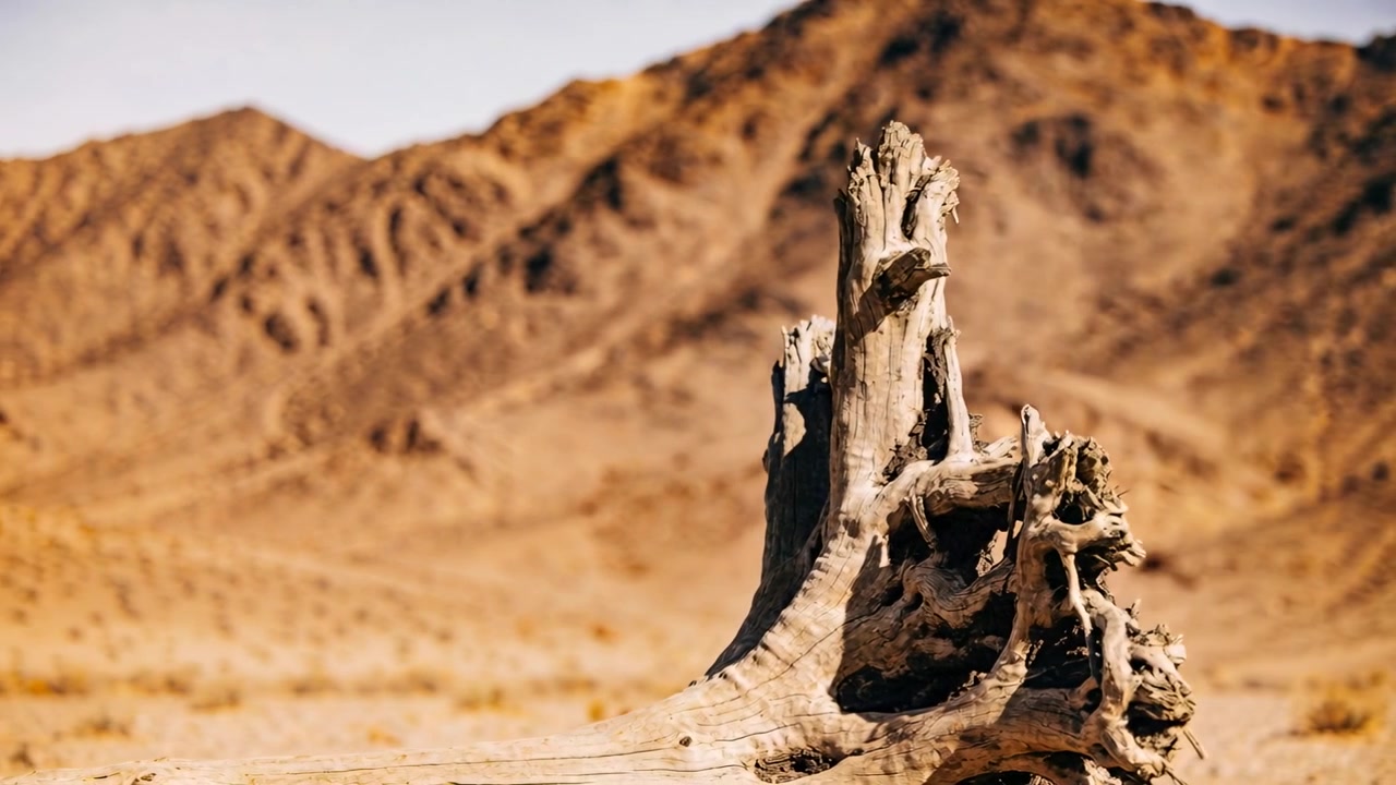 Una telecamera che zooma lentamente avvicina un tronco d'albero stagionato in una valle desertica, enfatizzando una catena rocciosa.