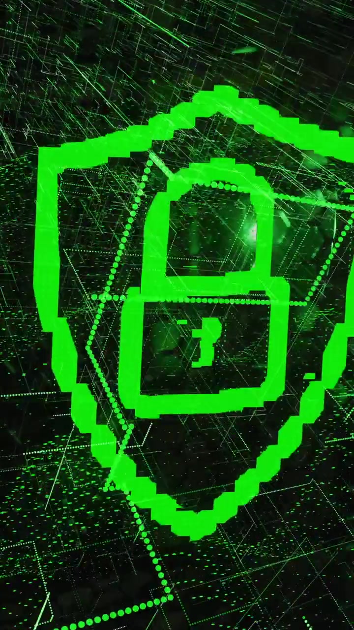 Lock and shield symbolizing cybersecurity over green digital network animation