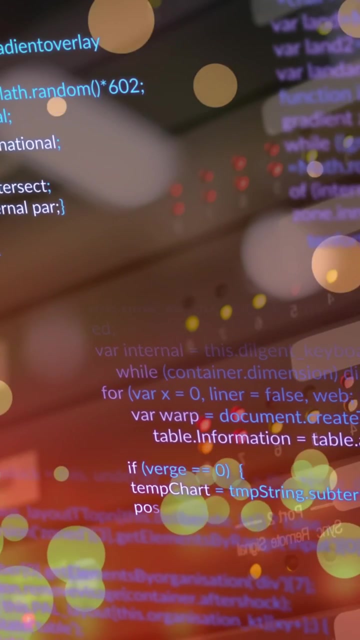 Animation af computersprog og faldende linserefleksioner over flere modemer i baggrunden.