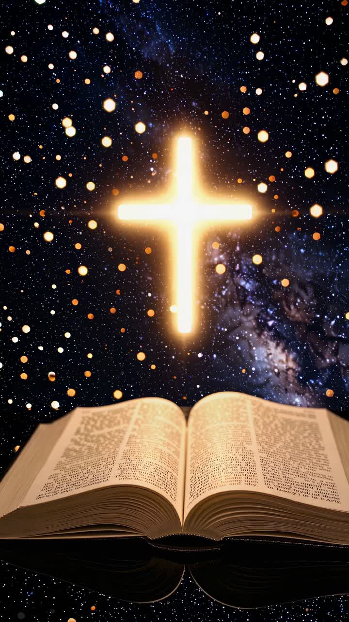 A video still shows an open book with a glowing cross and starry sky