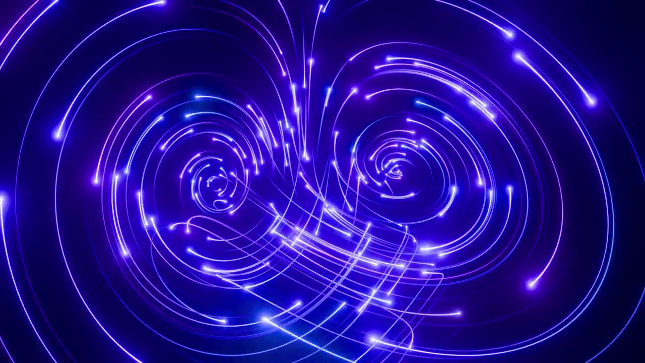 Abstract blue and purple neon light trails swirling in motion