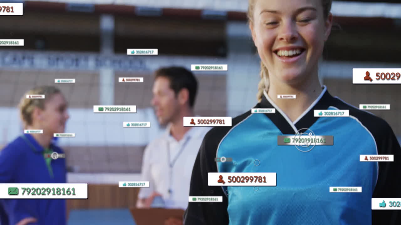 Teenage player wearing jersey tracking biometric data in gym, showing sports tech overlays