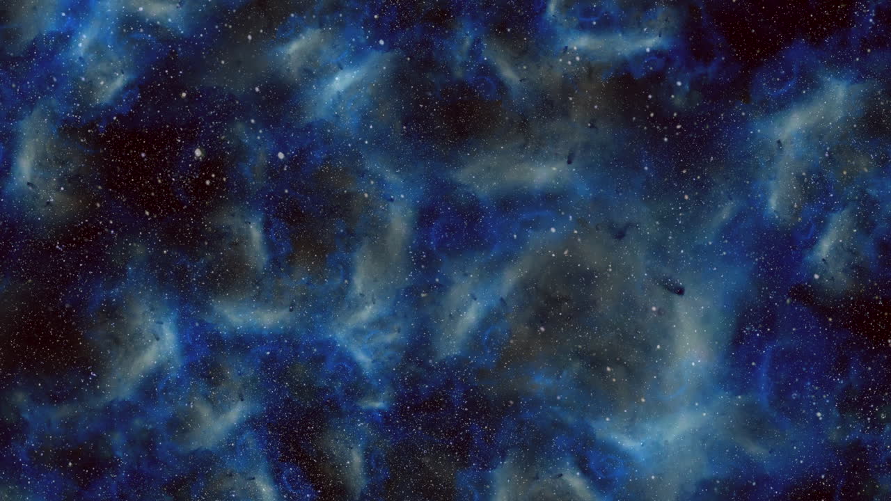 Dark universe with flying dust and glitters with blue clouds