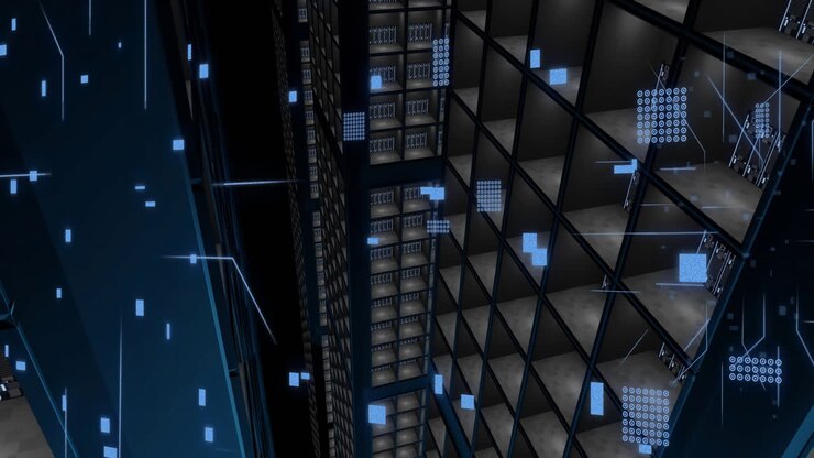 Animation of circuit board and digital data processing over computer servers