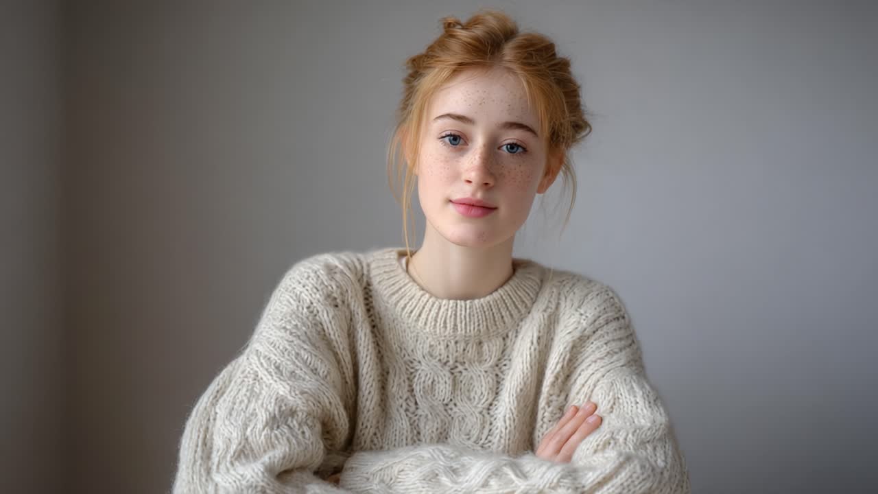 A Young Woman in a Cozy Sweater: A Portrait Capturing Natural Beauty and Serenity with Soft Lighting and a Minimalist Background, Emphasizing Her Expression and Style