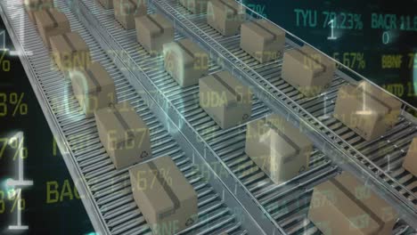 animación del procesamiento de datos del mercado de valores y codificación binaria contra cajas de entrega en cinta transportadora.