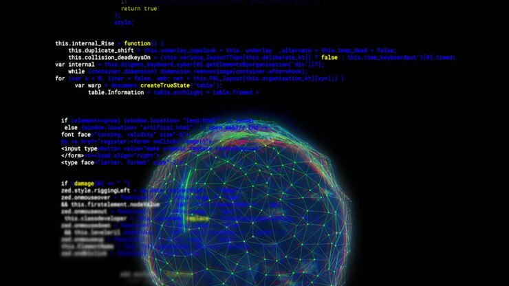 Animation of digital data processing and globe over black background