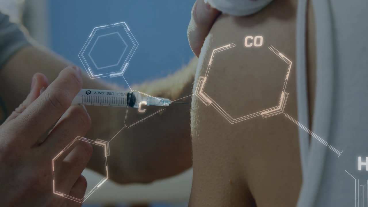 Administering injection, molecular structure animation over arm in medical setting