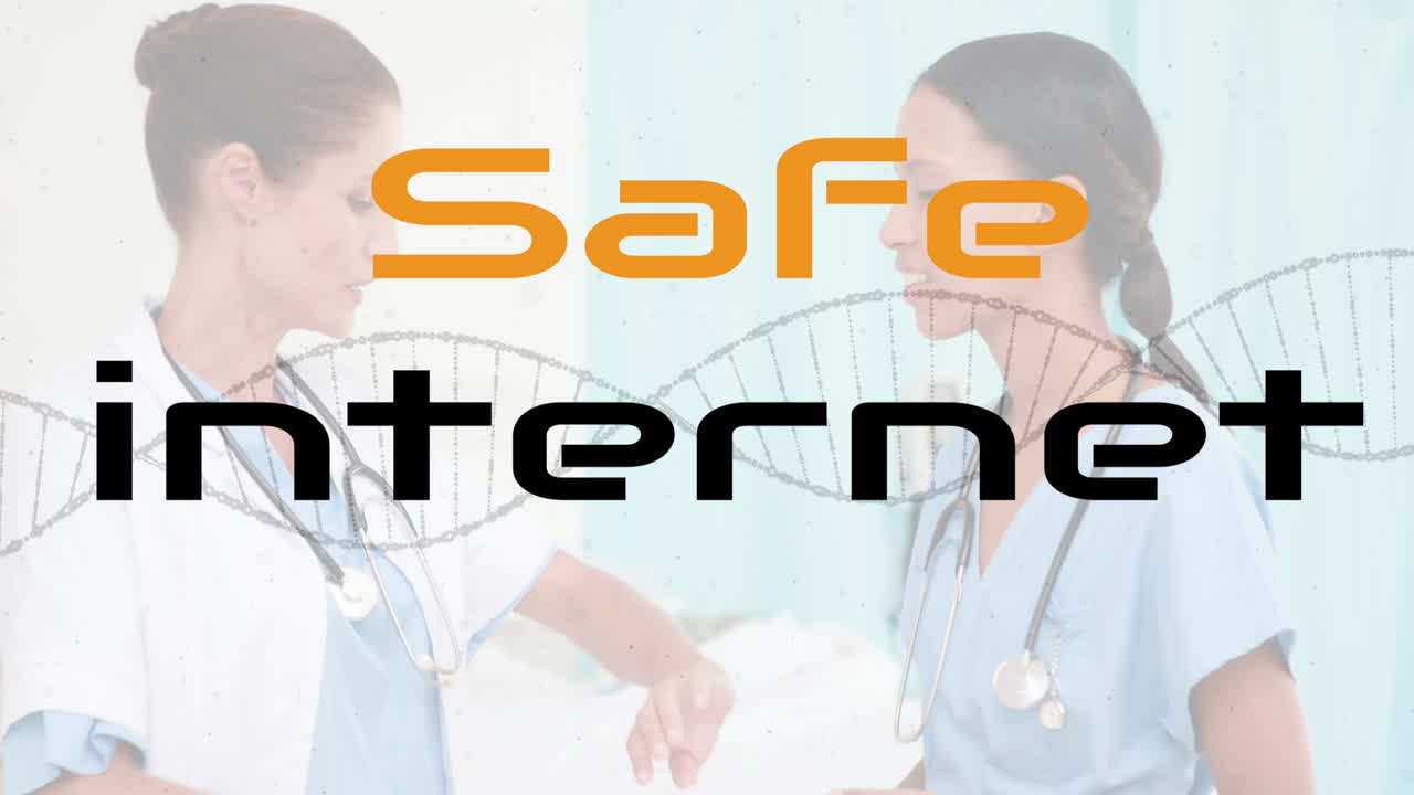 다양한 여성 의사들이 얘기하고 웃는 안전한 인터넷의 애니메이션