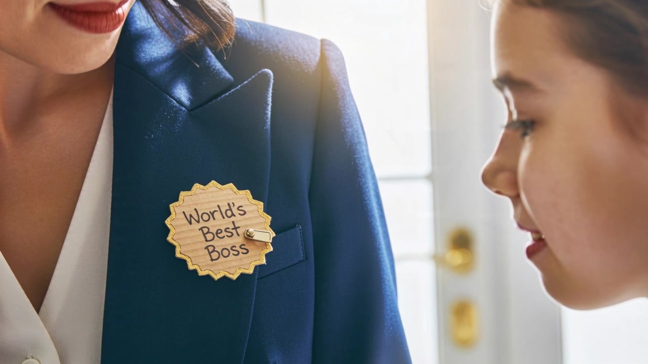 Memegang lencana, seorang anak menyematkan pin lencana bos pada blazer biru dongker di ambang pintu untuk menghormati seorang wanita.