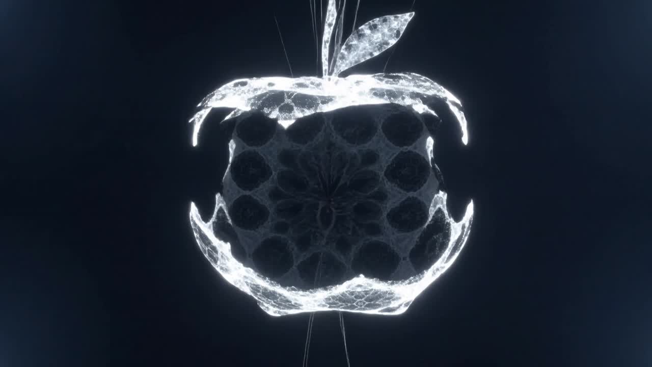 Starting hex core expanding, glowing fractal lattice morphing into apple revealing cavities in void