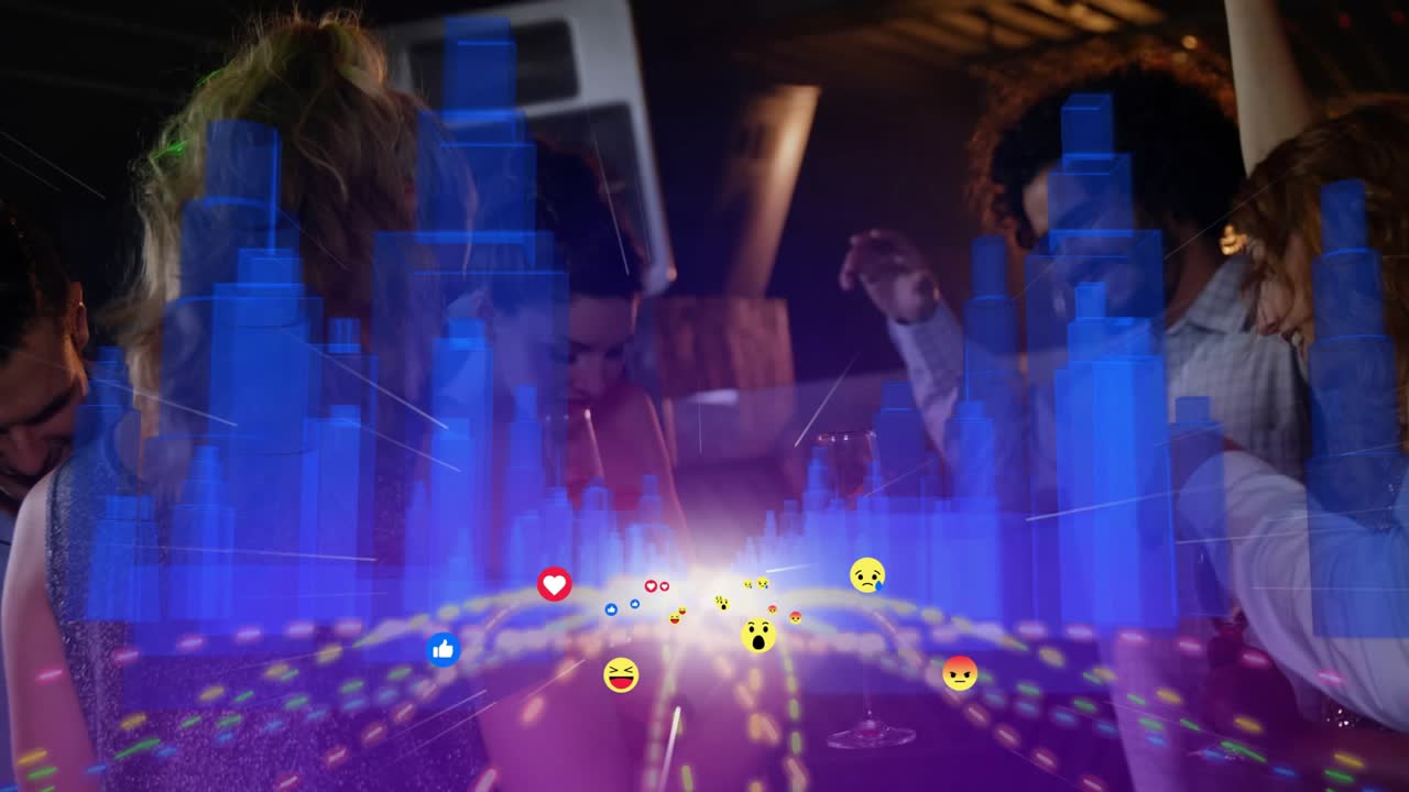 Blond woman holding glass moving as club equalizer rising revealing emojis orbiting group toasting