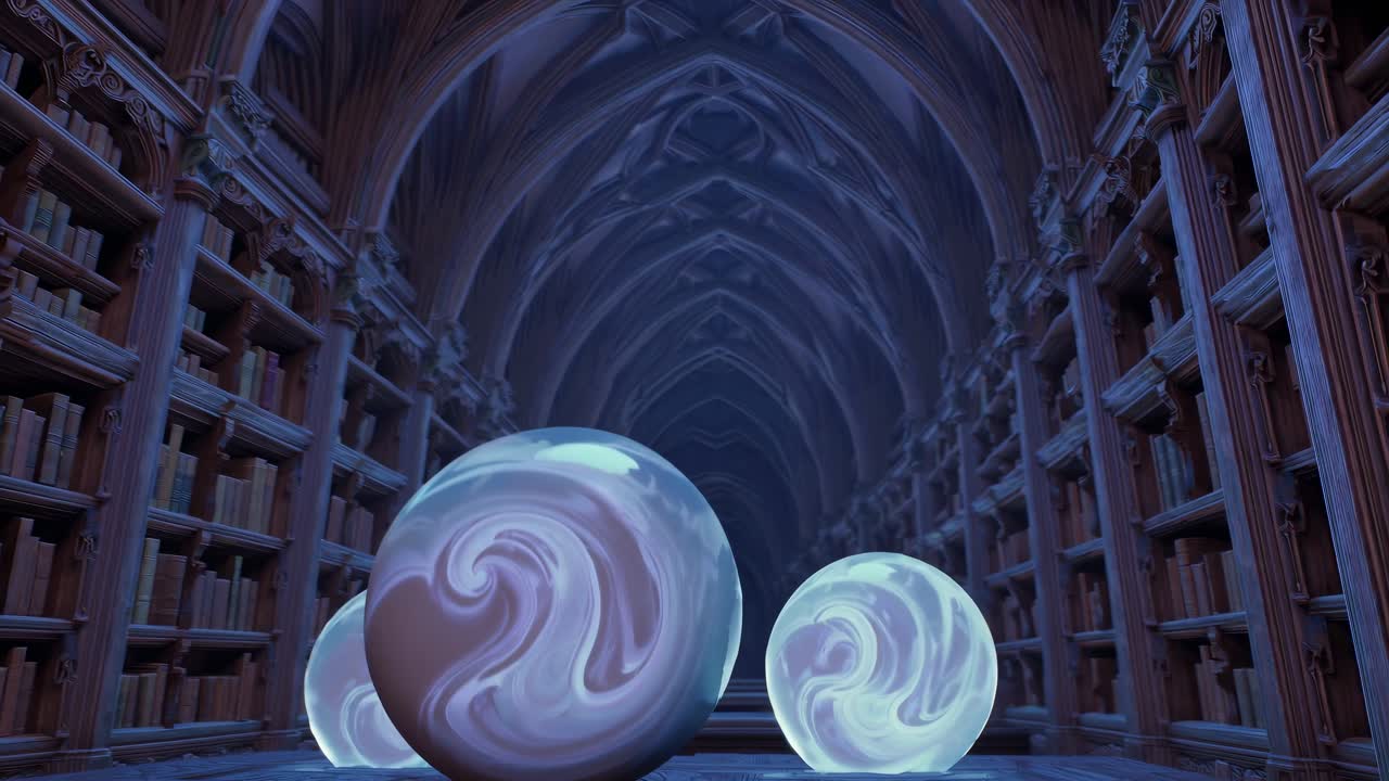 волшебные светящиеся шары в древней библиотеке