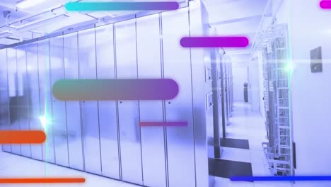 Animation-of-colorful-gradient-light-trails-and-light-spot-against-computer-server-room