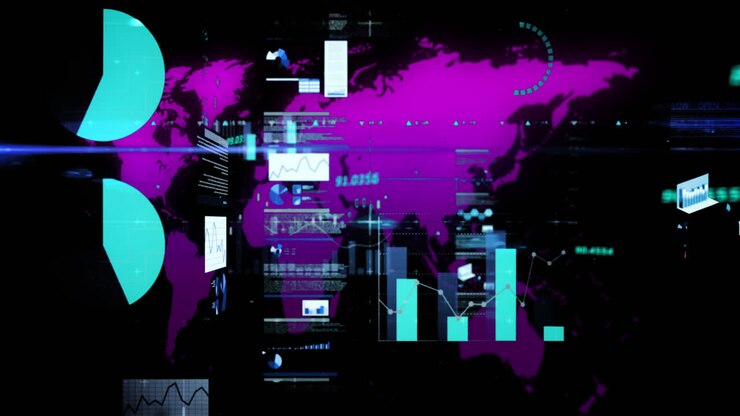 Finansielle data og statistisk databehandling mot et verdenskart.