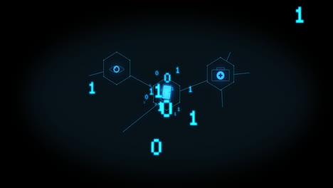 animation of medical icons with binary coding on black background