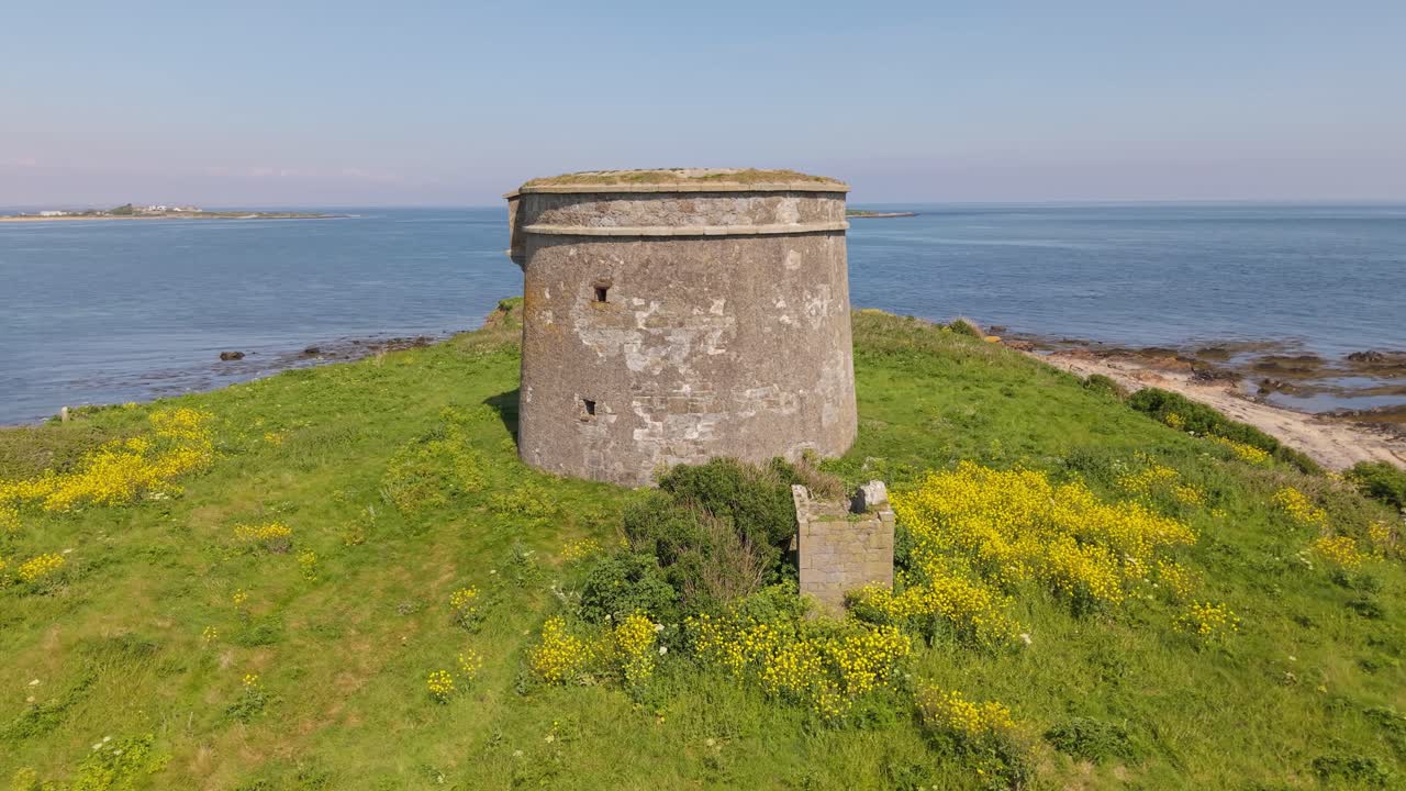 Drone view of Martello towers on Skerries Islands near Dublin, Ireland