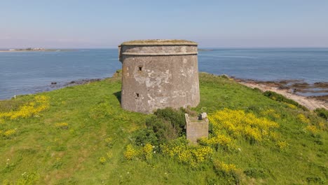 drone view of martello towers on skerries islands near dublin, ireland