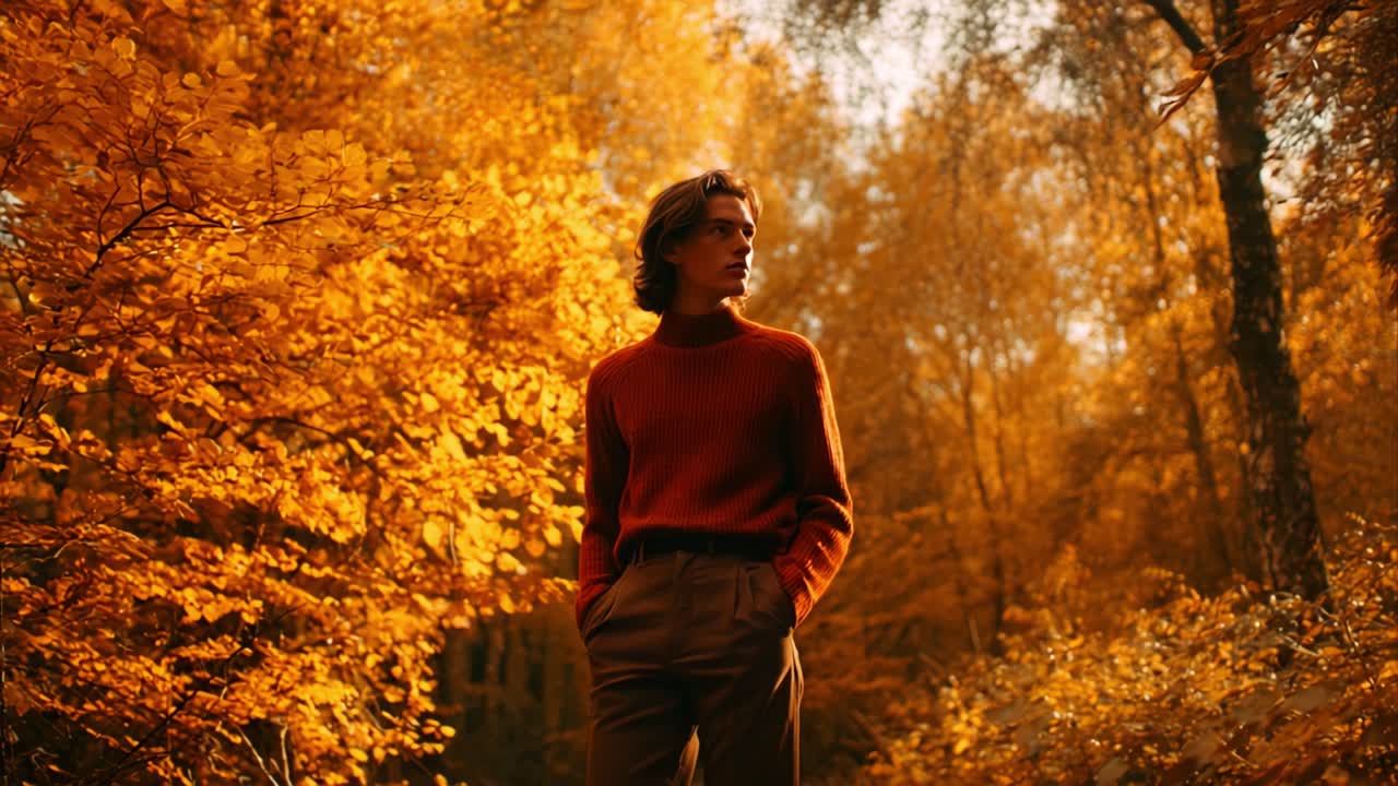 A young individual contemplatively walking through a serene forest filled with vibrant autumn foliage, enveloped in a warm orange glow, embodying the essence of nature's beauty and tranquility