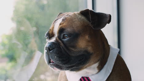 bulldog puppy dressed as businessman wearing collar and tie looking out of office window