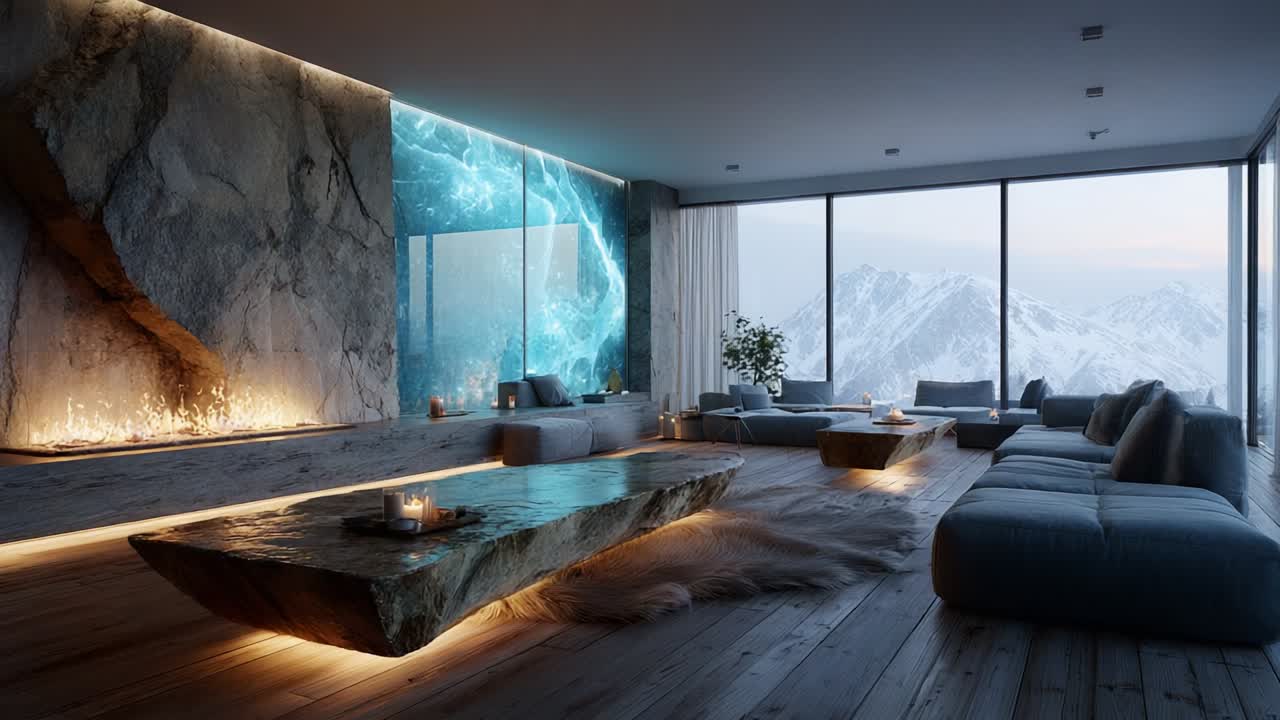 Modern Living Room with Scenic Mountain View Featuring Unique Rock Coffee Table and Cozy Lighting, Showcasing a Blend of Comfort and Nature in a Contemporary Interior Design Setting