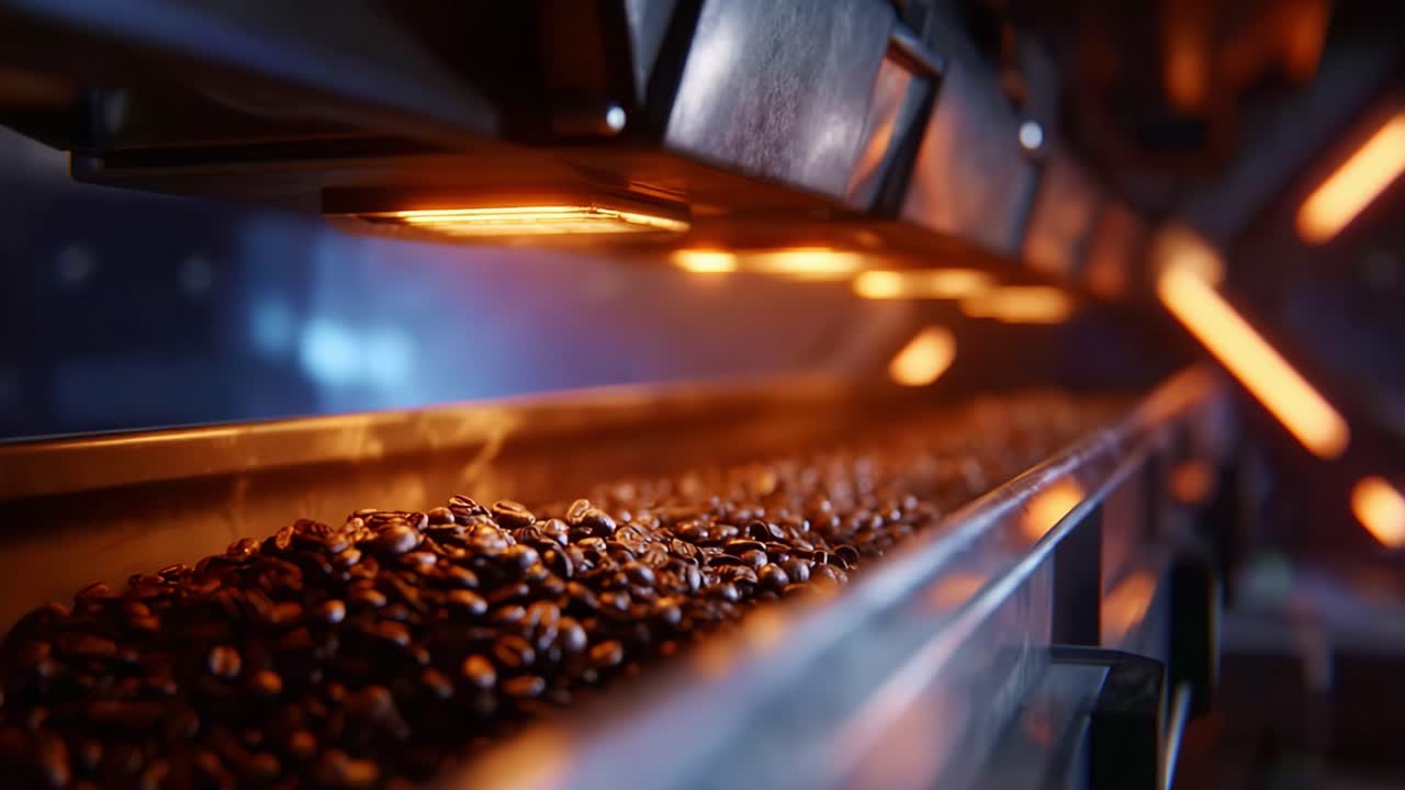 Close-up View of Roasting Coffee Beans in a High-Tech Processing Facility with Dynamic Lighting and Colorful Effects Emphasizing the Ingredients' Richness