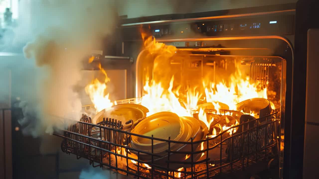 불에 타고 있는 많은 접시를 가진 접시 세탁기