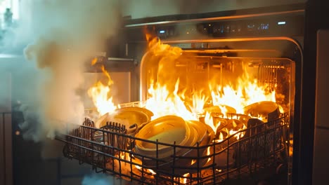 a dishwasher with a lot of dishes in it on fire