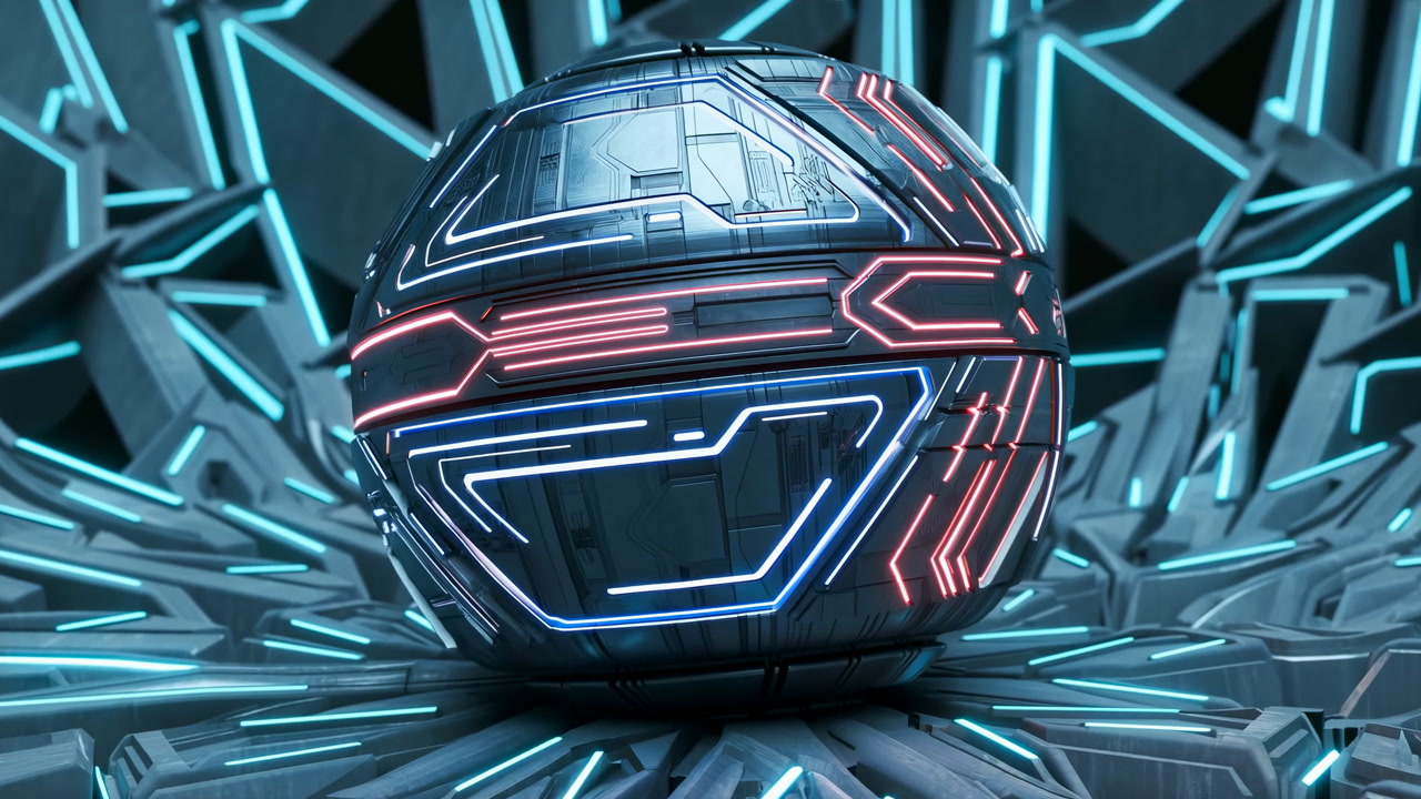 Futuristic Neon Spherical Robotic Core Resting On Fractured Metallic Floor Surrounded By Angular Cyan