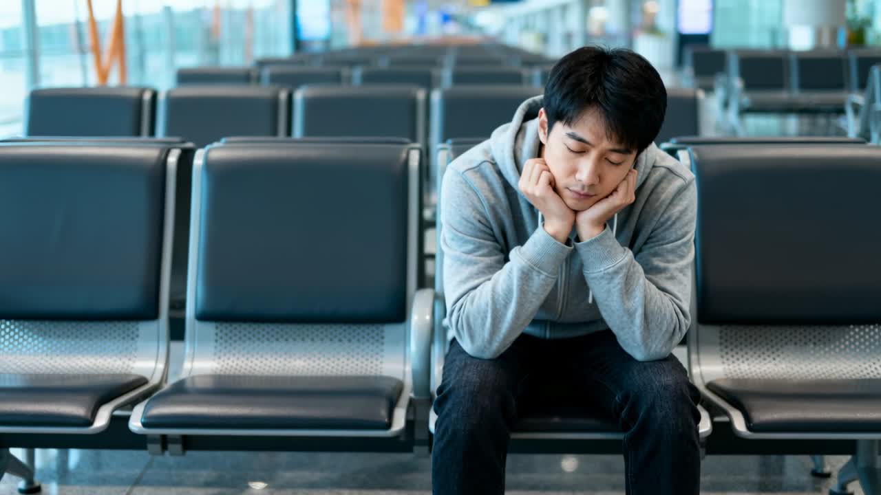 ゲートで飛行機を待つ灰色のパーカーを着た旅行者が、連結された座席にもたれかかり、顔に手を当てている。