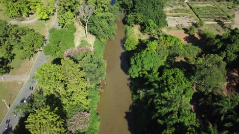 Aerial-view-of-a-river-in-a-beautiful-park-in-a-metropolitan-city-in-Brazil