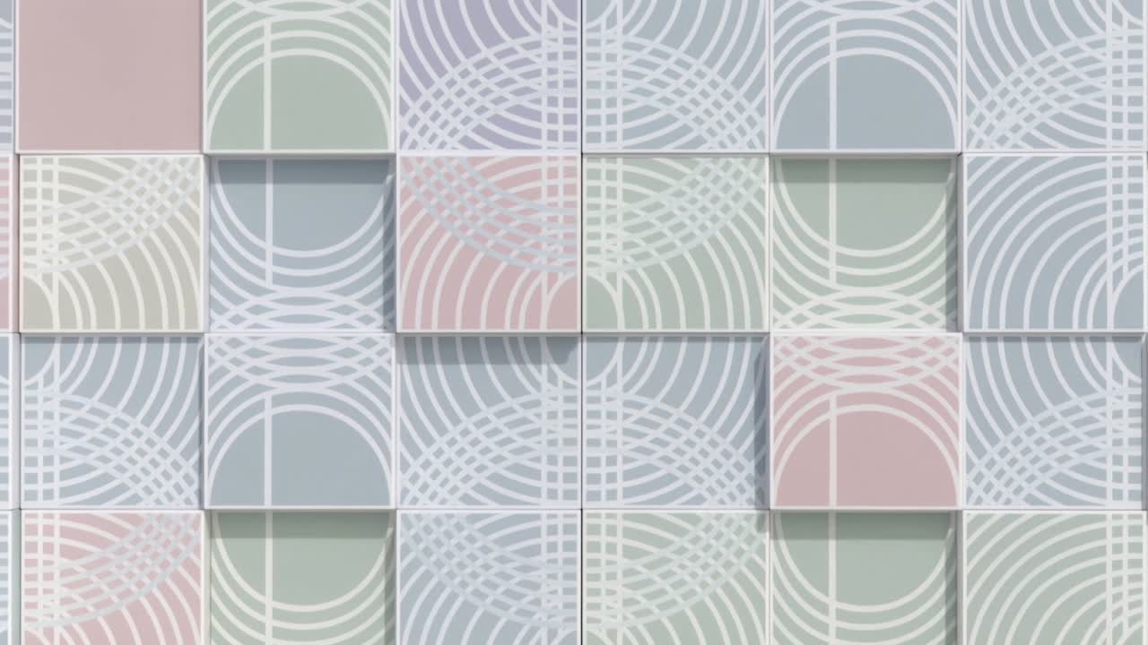 Receiving signal, mechanism pushing pastel panels with white arcs forward in lobby, creating relief