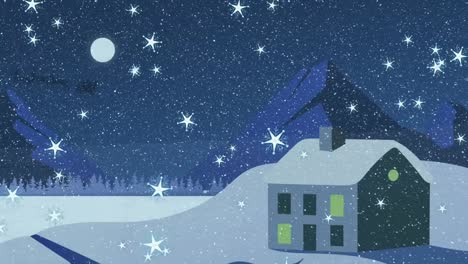 Animación-De-Santa-Claus-En-Trineo-Con-Renos-Sobre-La-Nieve-Cayendo-En-El-Paisaje-Invernal