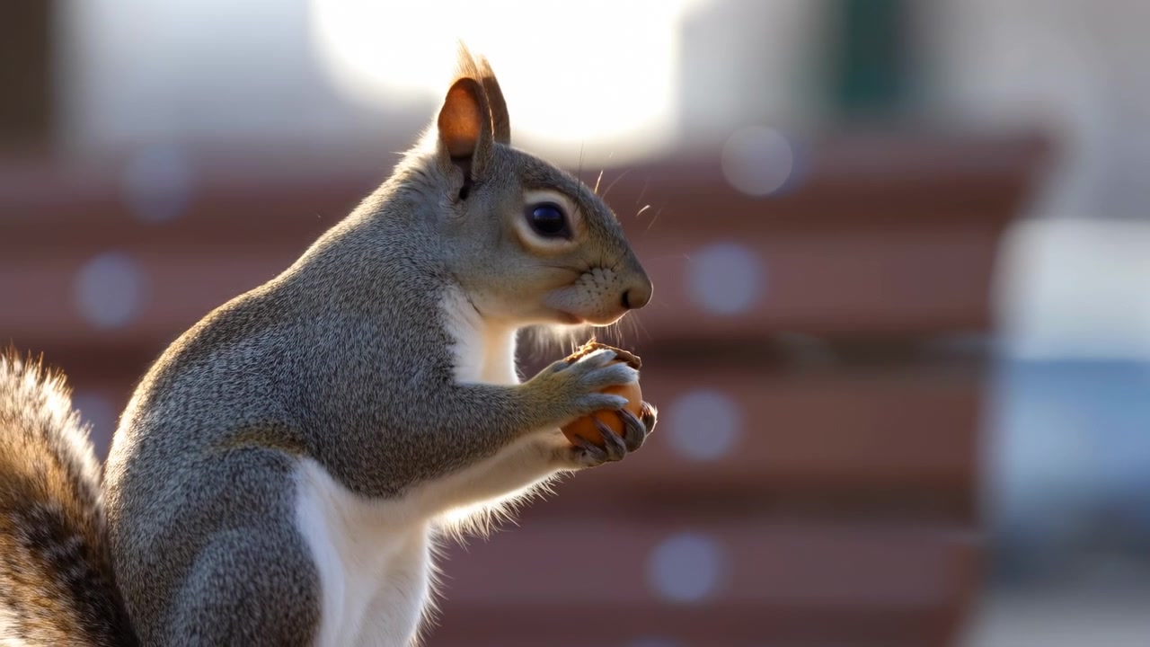 Uno scoiattolo grigio siede in un parco soleggiato all'aperto accanto a una panchina, tenendo una noce tra le zampe e rosicchiandola.