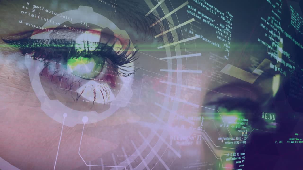 Adult woman holding gaze while holographic code appearing and HUD scanning iris for biometric ID