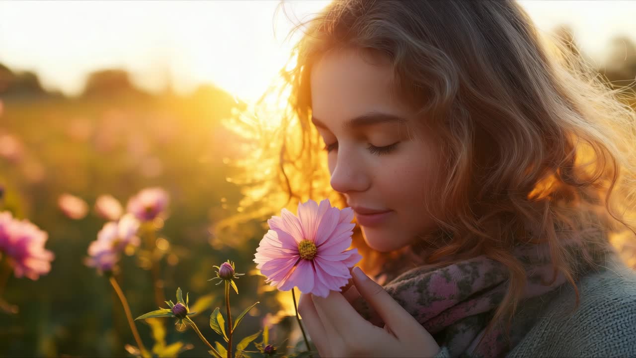 Woman enjoying flowers in sunset