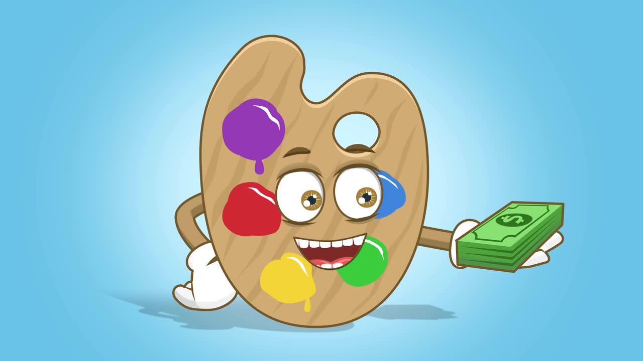 만화 예술가 컬러 패 달러 돈 손에 얼굴 애니메이션 알파 매트