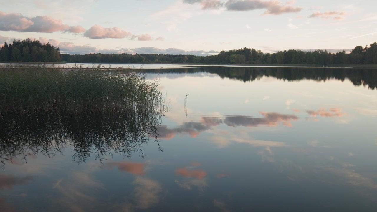 Klidné jezero odrážející oblohu a mraky na vodní hladině, s lesem v pozadí.