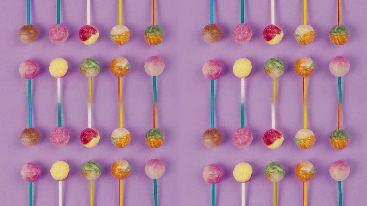 Sweet lollipops on color purple background. Bright texture sugar candies close up top view. Composition of favorite children's summer sweets. Studio shot for shop, supermarket, confectionery