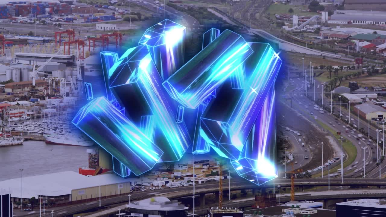 Animation blauer Diamanten über einer Stadtlandschaft