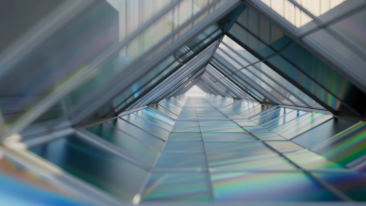 Un'inquadratura dal basso si muove dolcemente lungo pannelli riflettenti e intelaiature angolari, mentre colori spettrali cangianti si diffondono su superfici metalliche e linee ripetute convergono verso un'apertura luminosa.